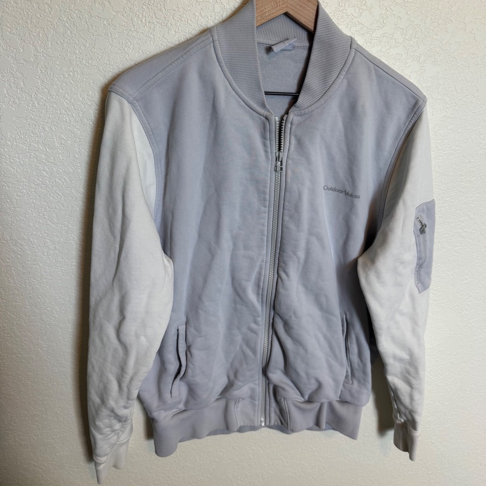 Athleisure Outdoor Voices Bomber Zip Sweatshirt Large Grey White